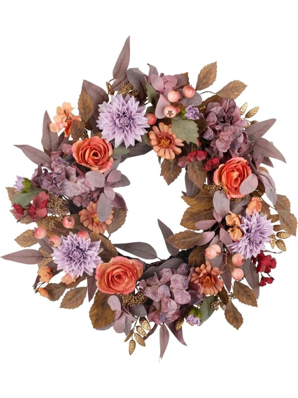24" Handmade Fall Flower Wreath - Purple Hydrangea & Dahlia, Autumn Decor for
